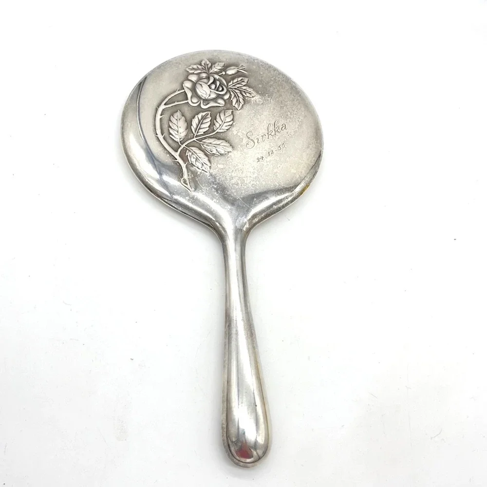 Vintage Alpaka Silver Tone‎ Hand Mirror Rose Embossed Sirkka 1955 Engraved